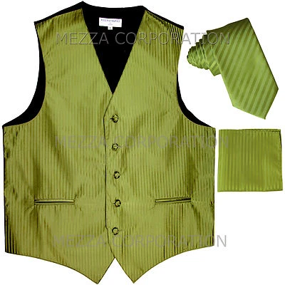 New Men's Tuxedo Vest Vertical Stripes 2.5" Skinny Necktie set Spinach Green - Image 1 of 4