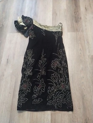 Vestido De Colección Joy Stevens California Negro Terciopelo Dorado Volantes Un Hombro Talla 8 Foto 1 de 4