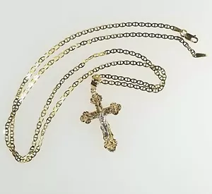 Real 14k Yellow White Gold Religious Jesus Cross Crucifix Necklace 22" Chain - Picture 1 of 12