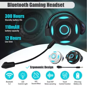 Wireless Bluetooth 5.2 Gaming Headsets HiFi Sound LED Light w/ Microphone - Picture 1 of 15