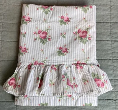 Vintage Ralph Lauren Emma Blue Stripe Rose Ruffled QUEEN Flat Sheet -MINT - Image 1 of 4
