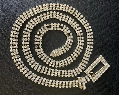 Stunning Vintage Rhinestone Encrusted Flowing Gold Mesh Chain Belt S/M - image 1 of 4