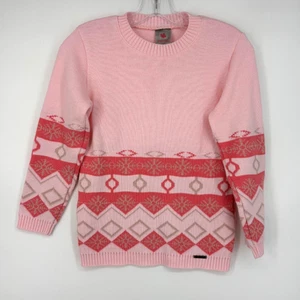 D'Lanfiori Girls Large Pullover Sweater Pink Beige Snowflake Fair Isle Long Slv - Picture 1 of 8