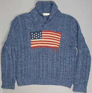 Ralph Lauren Jumper Mens XL Cable Knit RL 67 Blue American Flag Vintage - Picture 1 of 5