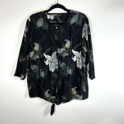 Blusa Top Diseñador Club Monaco Talla Mediana Seda Floral Mangas 3/4 Cintura Corbata Foto 1 de 4