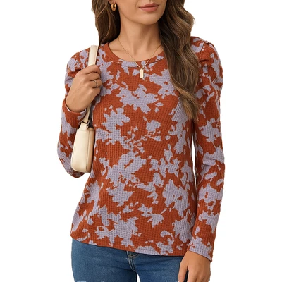 Новый с Ярлыками женская ржавчины оранжевый серый вафель трикотажа цветочный верхний размер S собранными в Рюш рукавами повседневный - Изображение 1 из 4