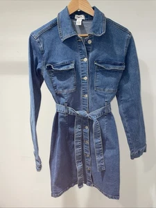 rue21 Mini Denim Dress Long Sleeve Collar Belt in Medium Wash Junior Medium NWOT - Picture 1 of 8
