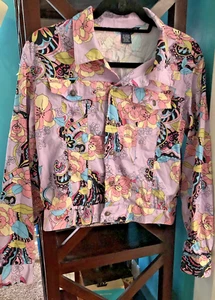 Boston Proper Purple Lightweight Paisley Floral Print Trucker Jacket Size 8 Boho - Picture 1 of 7