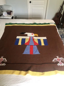 Handmade Crocheted Afghan Indian Aztec Eagle Fringe Aztec Pattern Multi Color - Picture 1 of 8