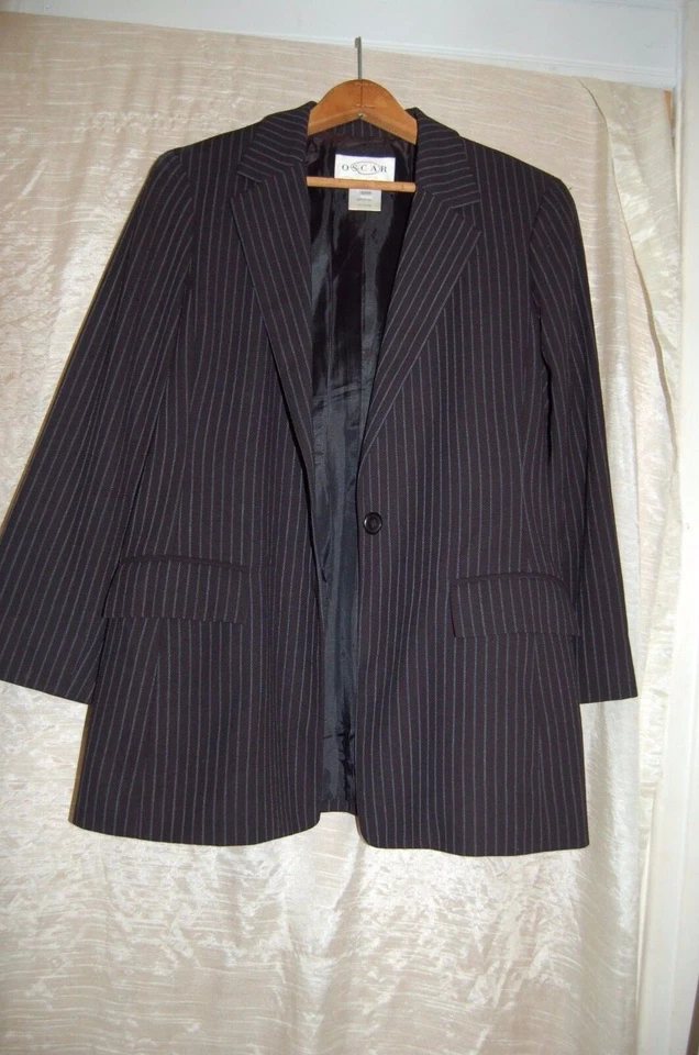  Chaqueta Blazer Oscar de la Renta Negra Mezcla Lana Azul Rayas Talla 12 P Foto 1 de 4