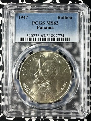 1947 Panama 1 Balboa PCGS MS63 (Many Available) (1 Coin Only) Silver! - Image 1 of 4