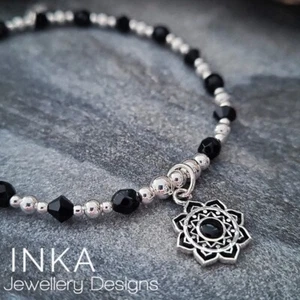 925 Sterling Silver & Onyx beaded Stacking Bracelet with Mandala charm by INKA - Picture 1 of 9