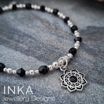 925 Sterling Silver & Onyx beaded Stacking Bracelet with Mandala charm by INKA - Image 1 of 4