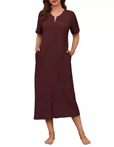 Womens Zip Up Robe Waffle Knit Full Length Bathrobes w/Pockets 3-XLarge Wine Red - Picture 1 of 6