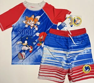 Swim Trunk Set Sonic the Hedgehog Kuckles Tails Short Shirt Top Rash Guard Boy 7 - Picture 1 of 13