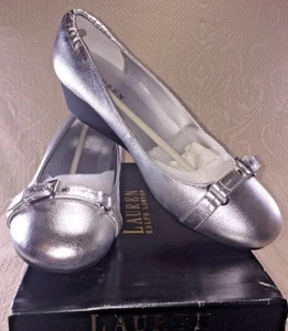 NUEVO EN CAJA Ralph LAUREN Mujer Talla 9 ILENA Cuero Metálico Plata Tacón de Cuña Bomba $200 - Imagen 1 de 12