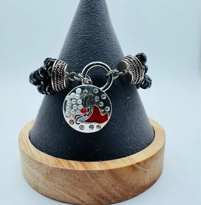 Ginger Snap Santa Dangle Stretch Bracelet Black Crystal Silver Tone - Image 1 of 4