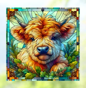 Highland Kuh Faux Buntglas FENSTER KLAMMER Sonnenfänger Größe 8" Quadrat Vinyl - Bild 1 von 3