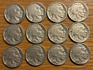 BUFFALO Nickels: 1929S,1934PD,1935PDS,1936PDS,1937PDS: VG-VF, Lot-12 Different - Picture 1 of 2