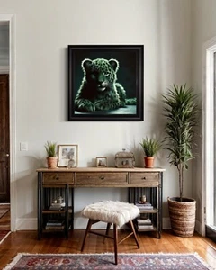 Black Framed Artwork Of A Green Leopard Cub With A Black Background Printed - Picture 1 of 7