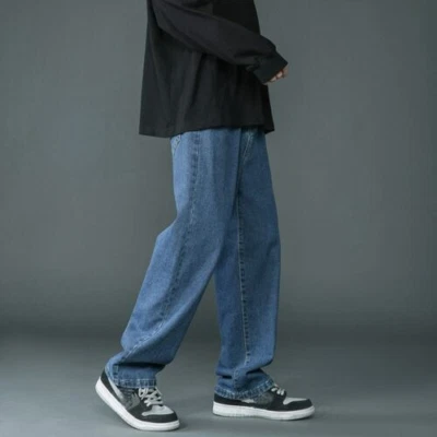 Men Straight Wide Korean Streetwear Hip Hop Pants Jeans Leg Baggy Denim Trousers - Image 1 of 4