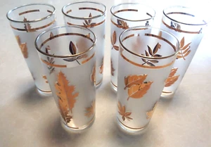MCM Vintage 1960s Libbey Frosted Tom Collins Glasses, Gold Foliage Pattern, 7" - Picture 1 of 3