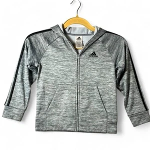 Adias Boy Size Small Gray Black Strips Hoodie Front Pockets Long Sleeves - Picture 1 of 12