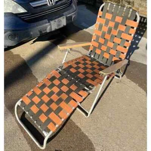 Vintage Folding Chair Aluminum Orange And Black Webbed Lawn Chaise Lounge 0222! - Picture 1 of 8