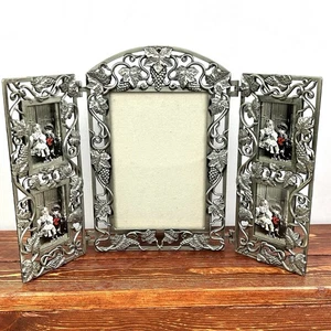 Vintage Trifold Metal Picture Frame Ornate Photos Victorian Silver - Picture 1 of 24