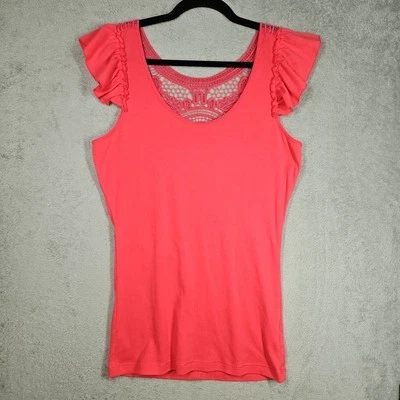 Top Largo The Tee Shop Rosa Coral Volantes Flutter Slvs Crochet Encaje Espalda Talla L Foto 1 de 4