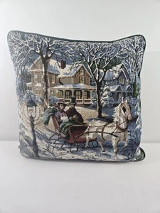 vtg tapestry pillow winter horse sleigh ride couple Christmas 16" Granny Core - Picture 1 of 5