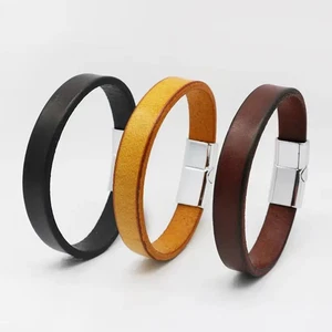 Men Leather Bracelet Cowhide Magnetic Buckle Band Vintage Street Style 1 Pc - Picture 1 of 16