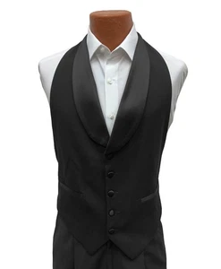 Men’s Black Tuxedo Vest – Wool, Satin Shawl Lapel, Open Back, Adjustable Size L - Picture 1 of 3