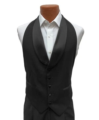 Men’s Black Tuxedo Vest – Wool, Satin Shawl Lapel, Open Back, Size Cadet(34-36) - Image 1 of 3