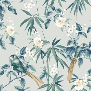 Arthouse Floral Birds Grey Blue Green Oriental Wallpaper - Picture 1 of 3
