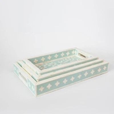 Bone Inlay Tray- Handmade Baby Blue Scroll Vine - Image 1 of 4