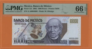 MEXICO 1000 PESOS 2002  LOW # 0004008 PICK # 121 PMG 66  GEM UNCIRCULATED EPQ. - Picture 1 of 2