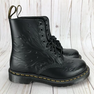 Dr Martens 1460 Flames Emboss Polished Boots Black Smooth Leather Size Y6/W7 - Picture 1 of 11