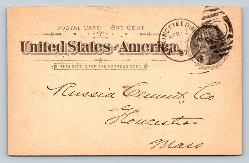 1894 UX12 Postal Card 1c GLOUCESTER MA RUSSIA CEMENT CO (LePage)  'No Glue' - Image 1 of 3