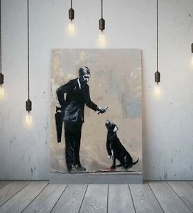 BANKSY UOMO CANE OSSO- TELA CORNICE PROFONDA STAMPA GRAFFITI ARTE ARTE BEIGE NERO - Foto 1 di 3