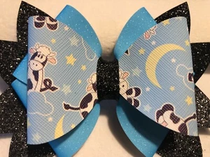 COW GIRL HAIR BOW, 3 LAYER. BLACK, BLUE, AND WHITE. 4.5" X 3.5". HOMEMADE - Picture 1 of 3