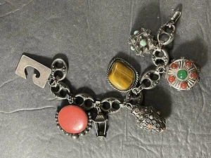 Vintage 1940’s Large Sterling Silver Gemstone and Glass Charm Bracelet 7 Charms - Picture 1 of 10