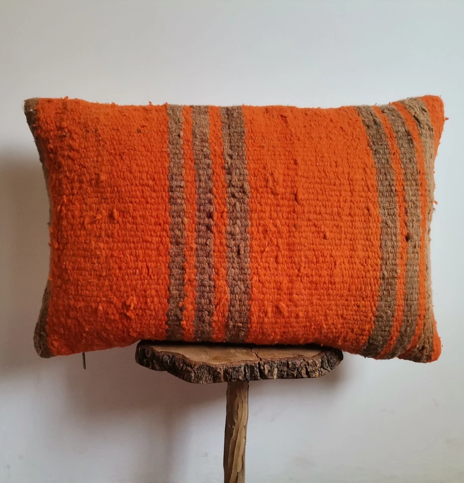 Moroccan Handmade Kilim Orange Pillow Cushion Cover Throw Pillow Case Sofa boho. - Image 1 of 4