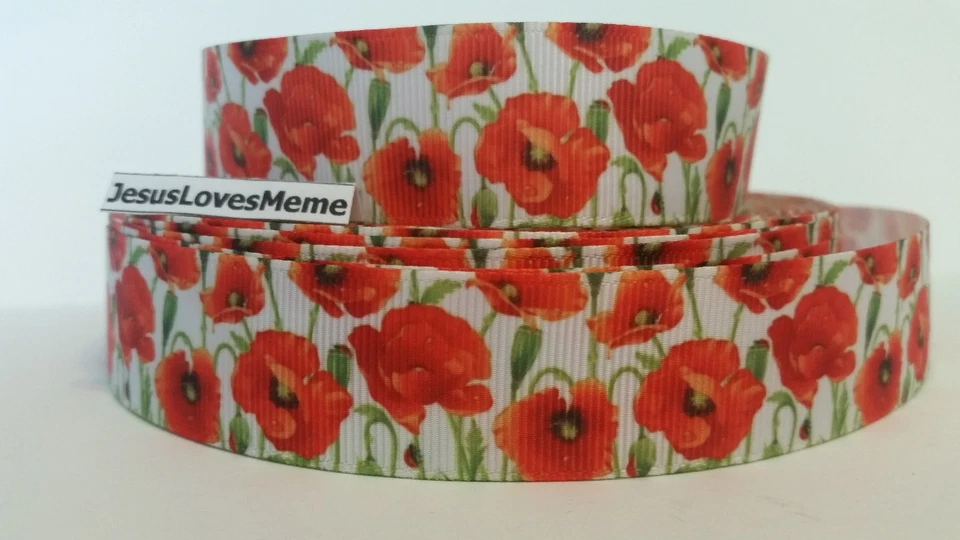 Grosgrain Ribbon, Beautiful Poppy Flowers with Greenery, Veterans Day Flower, 1" - Image 1 of 1
