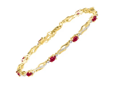 RYLOS RUBY & DIAMOND TENNIS BRACELET YELLOW GOLD PLATED SILVER 7-8"  - Image 1 of 4