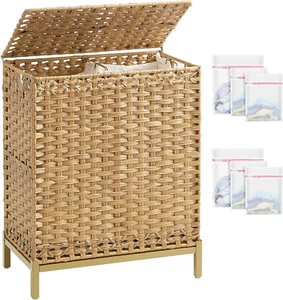 Laundry Hamper with Lid, 112 L Handwoven Rattan Wicker Laundry Basket, 2 Removab - Picture 1 of 7
