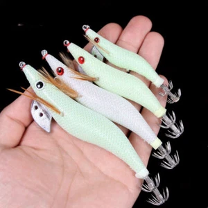 6PCS Luminous Squid Jigs Fishing Lure Wood Shrimp with Octopus Squid Jig Hooks - Picture 1 of 10