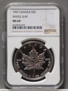 1997 Canada Silver Maple Leaf $5 NGC MS-69 - Picture 1 of 4