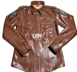 Men's Brown(NYPD) 100% Real Cowhide Leather Soft Stylish Full Sleeves Shirt - Picture 1 of 3