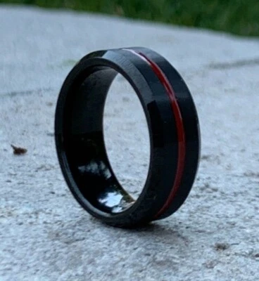 8MM Men's Black Tungsten Carbide Black Grooved With Red Line Wedding Band Ring - Image 1 of 4